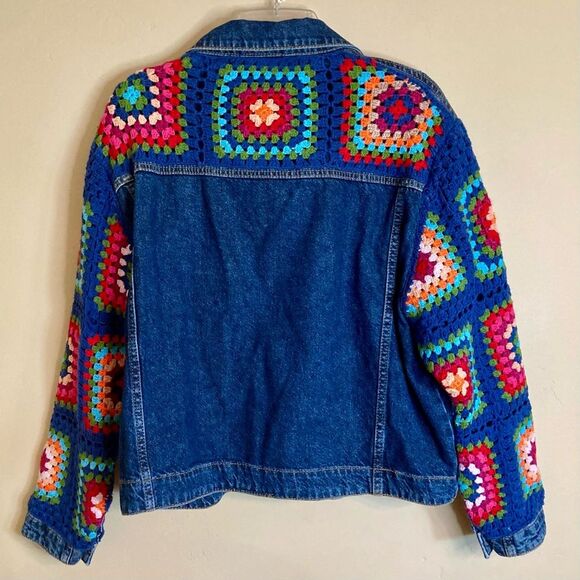 RARE Farm Rio Crochet Squares Denim Jacket & Jeans Set Pants Granny Blue Size S - Picture 9 of 16
